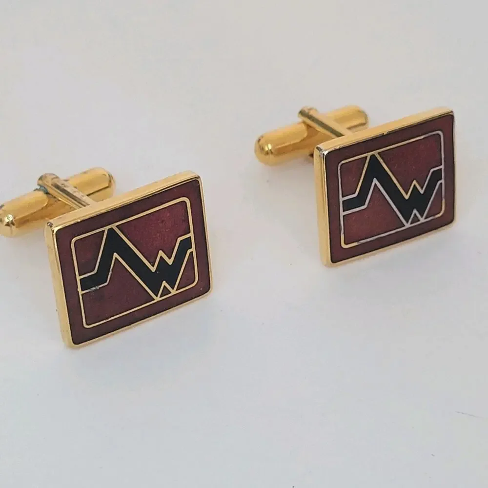Mario Valentino MV Gold Red Black Tone Rectangle‎ Logo Cufflinks Designer Retro